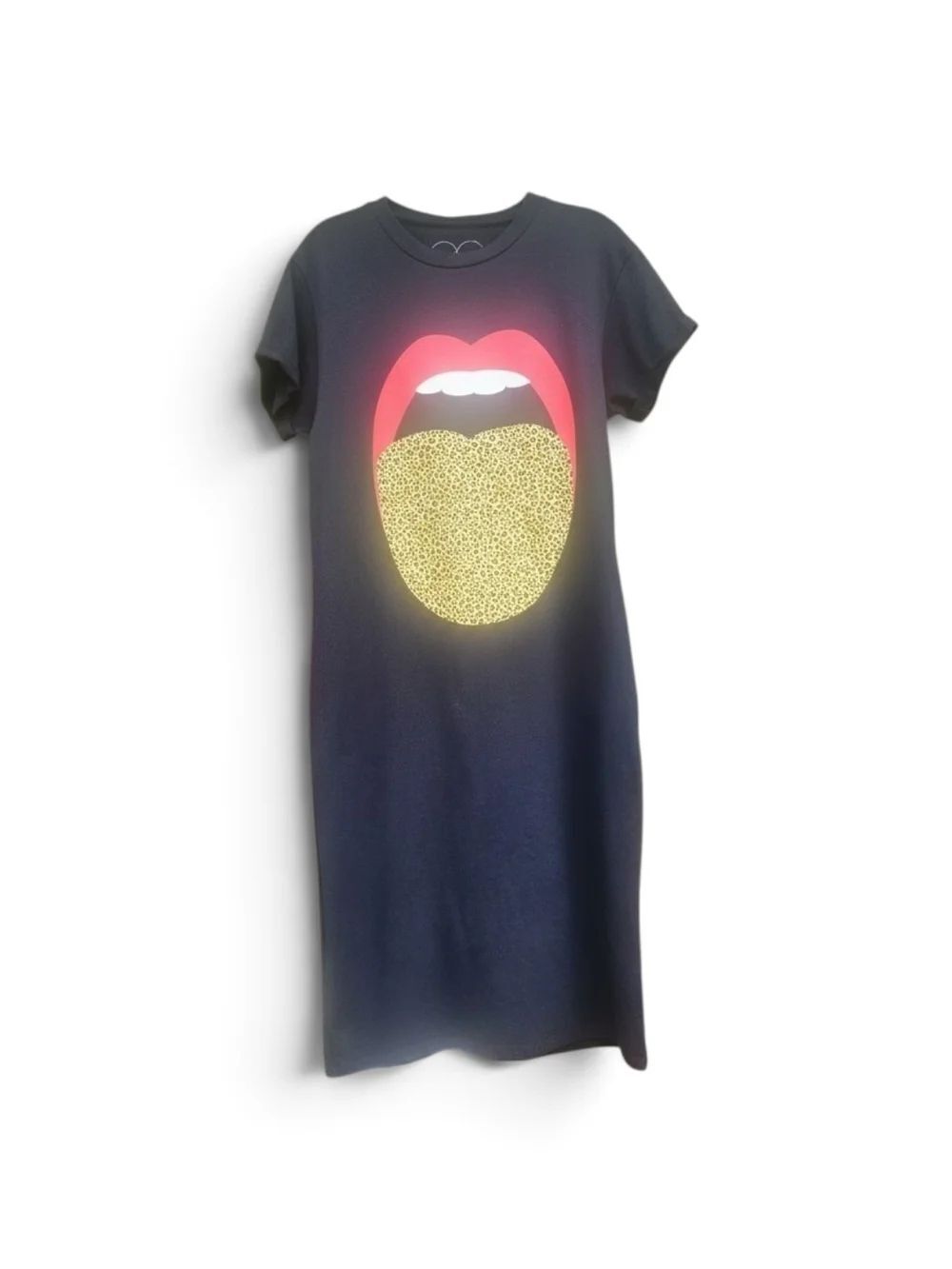 Obsessive Love Graphic T-Shirt Dress Black Red Lips Leopard Tongue Cotton Size S
